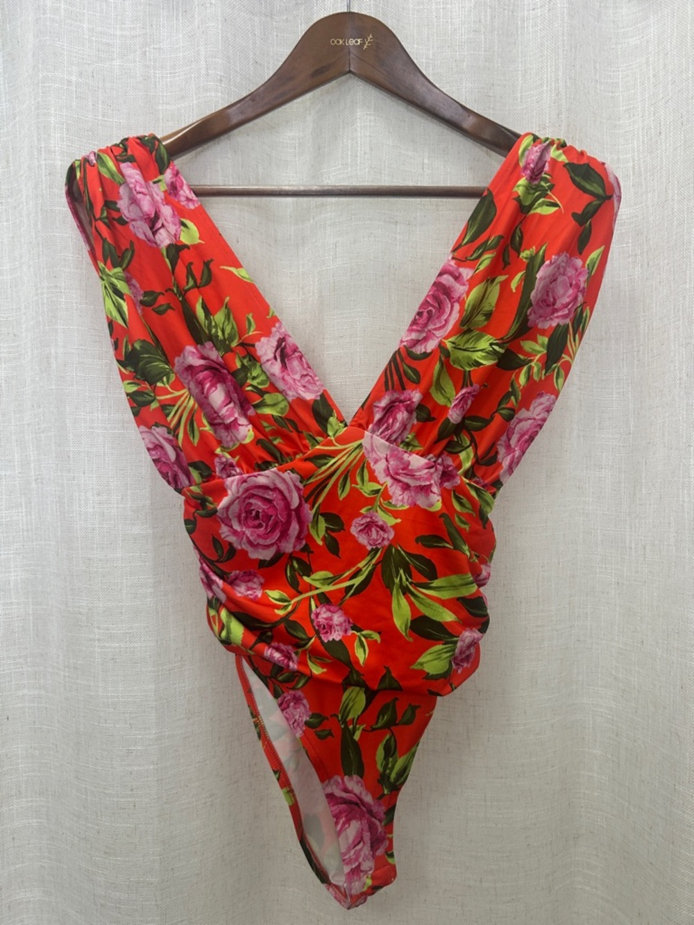 Zara Bold Red Floral Deep-V One-Piece Bodysuit Size Medium Pit
